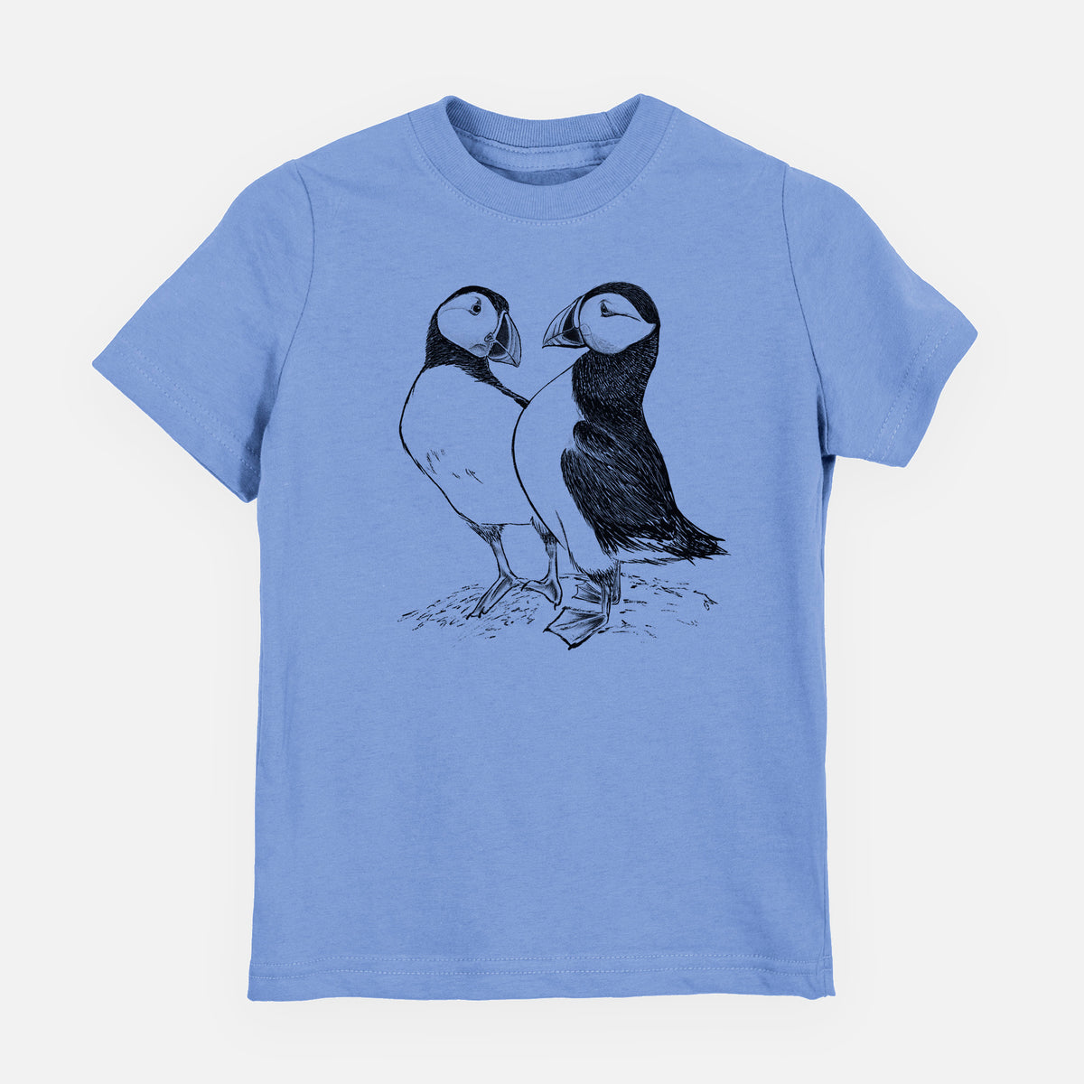 Carolina blue youth t-shirt laid flat, printed with a detailed black ink illustration of two Atlantic puffins standing side by side.