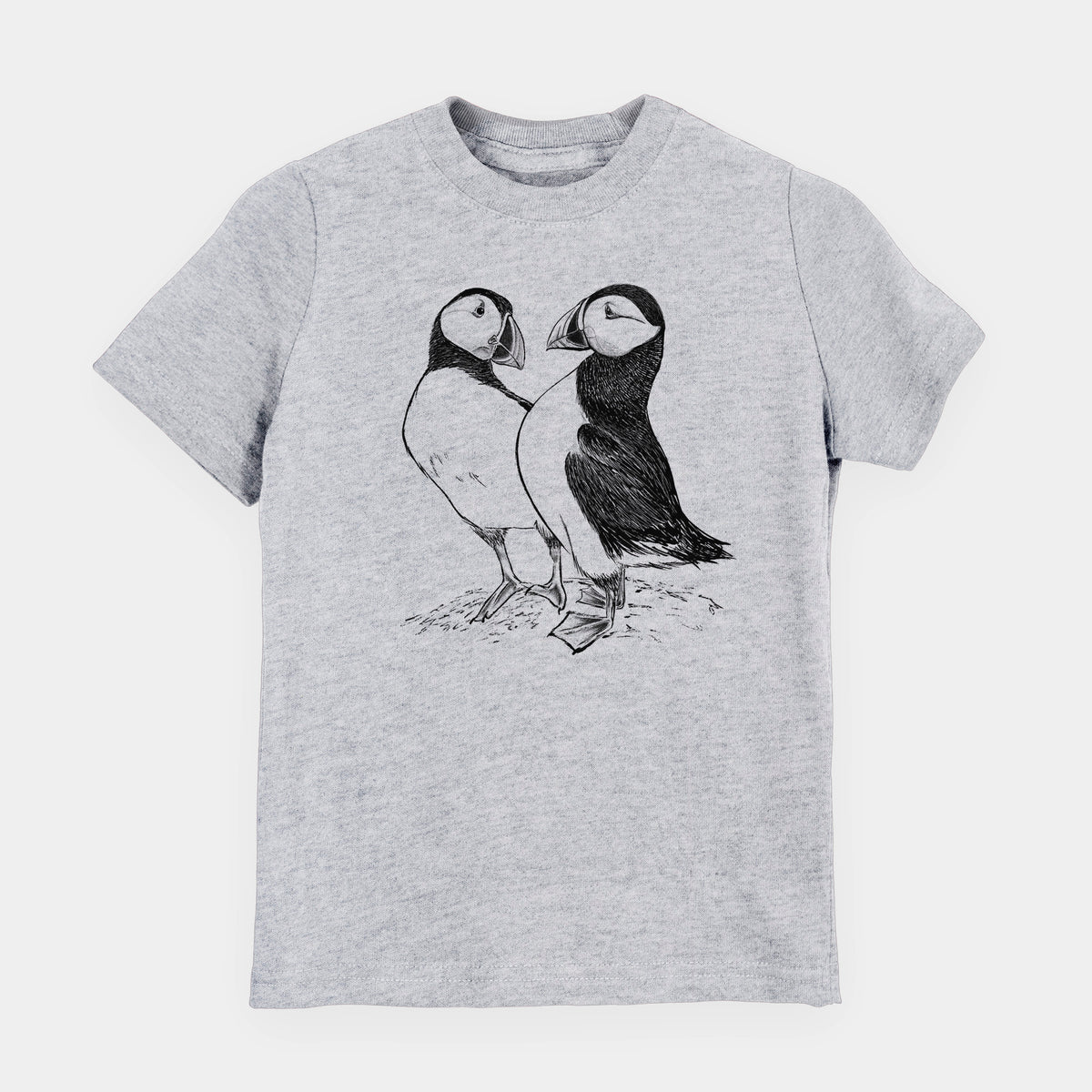 Heather grey youth t-shirt laid flat, printed with a detailed black ink illustration of two Atlantic puffins standing side by side.