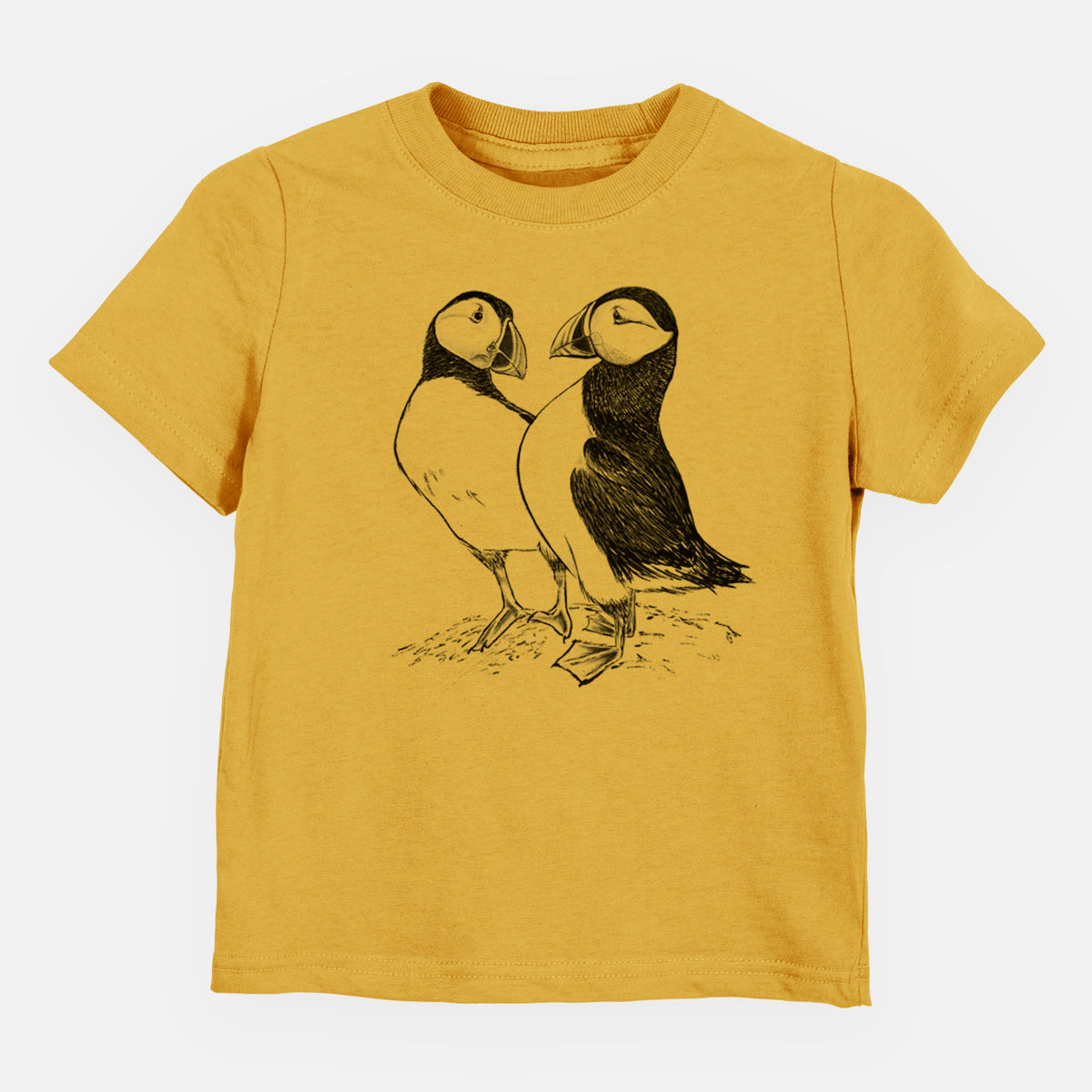 Honeycomb yellow toddler t-shirt laid flat, printed with a detailed black ink illustration of two Atlantic puffins standing side by side.