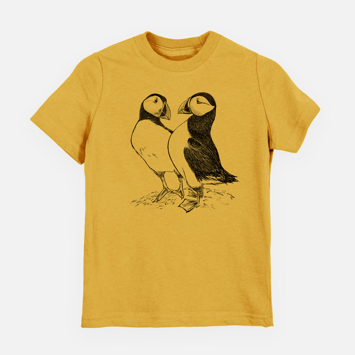 Honeycomb yellow youth t-shirt laid flat, printed with a detailed black ink illustration of two Atlantic puffins standing side by side.