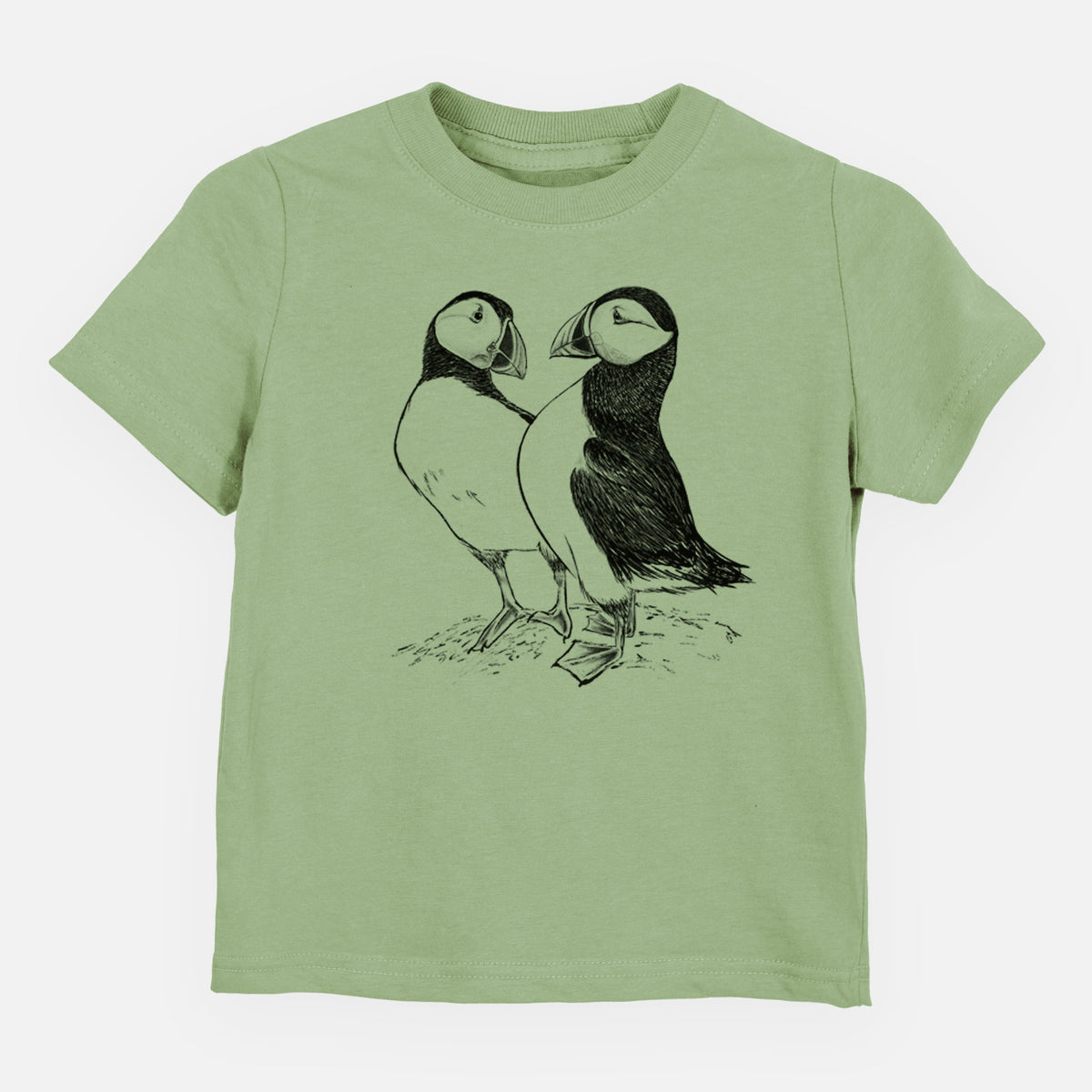 Sage green toddler t-shirt laid flat, printed with a detailed black ink illustration of two Atlantic puffins standing side by side.