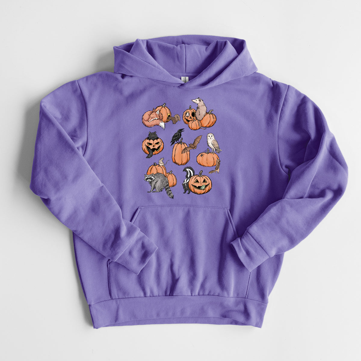 Woodland Pumpkin Patch Party - Statement Midweight Hoodie in Violet, laid flat, showing the oversized boxy fit and front kangaroo pocket.