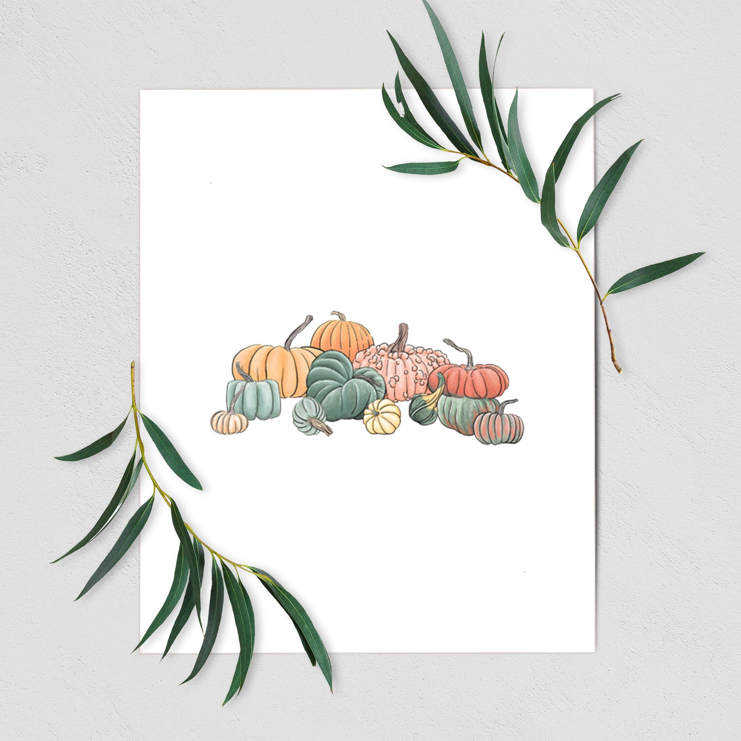 Art print of a full-color illustration of a pile of pumpkins and gourds in orange, green and white, shown with eucalyptus leaves.
