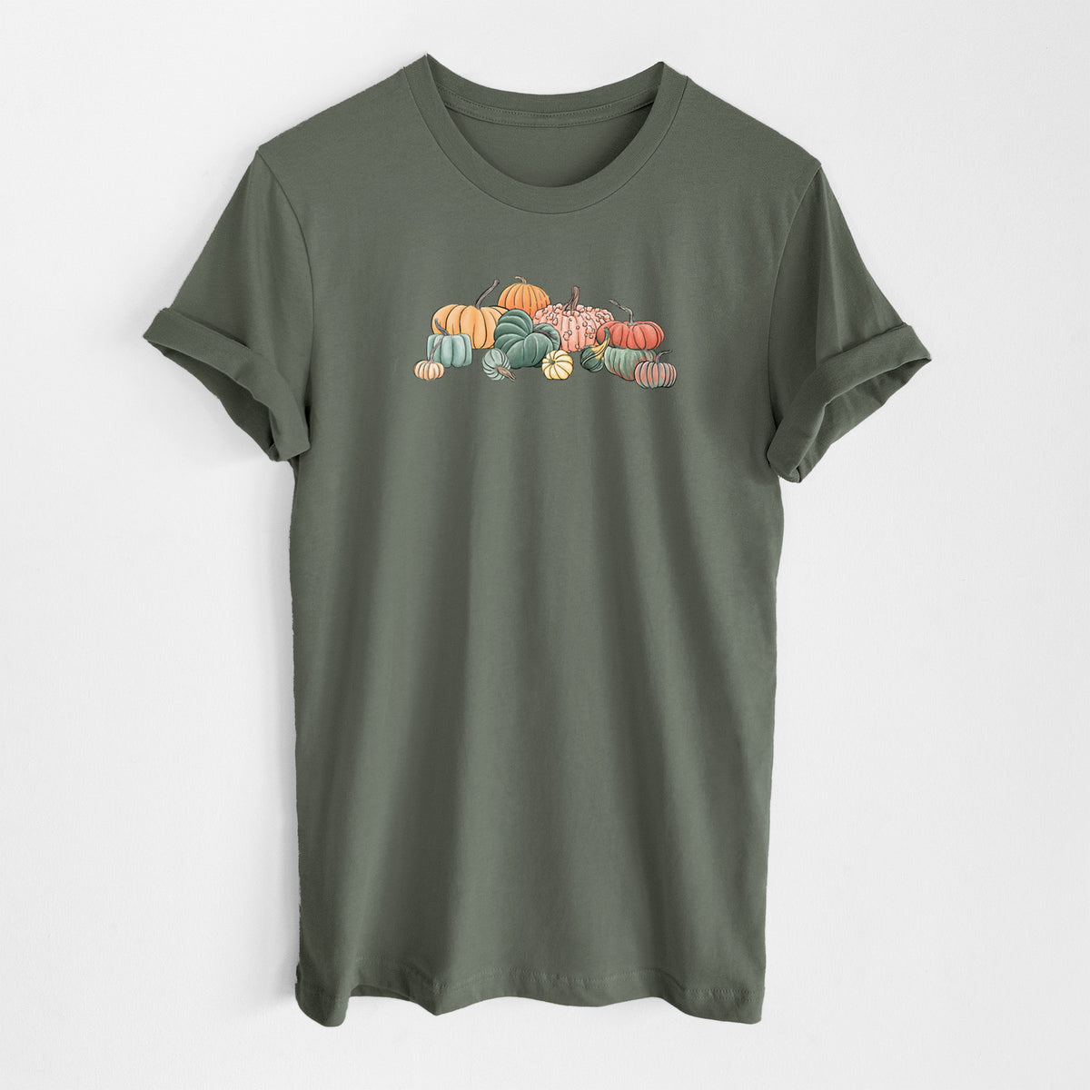 Military green lightweight cotton t-shirt laid flat, printed with a full-color illustration of a pile of pumpkins and gourds in orange, green and white.