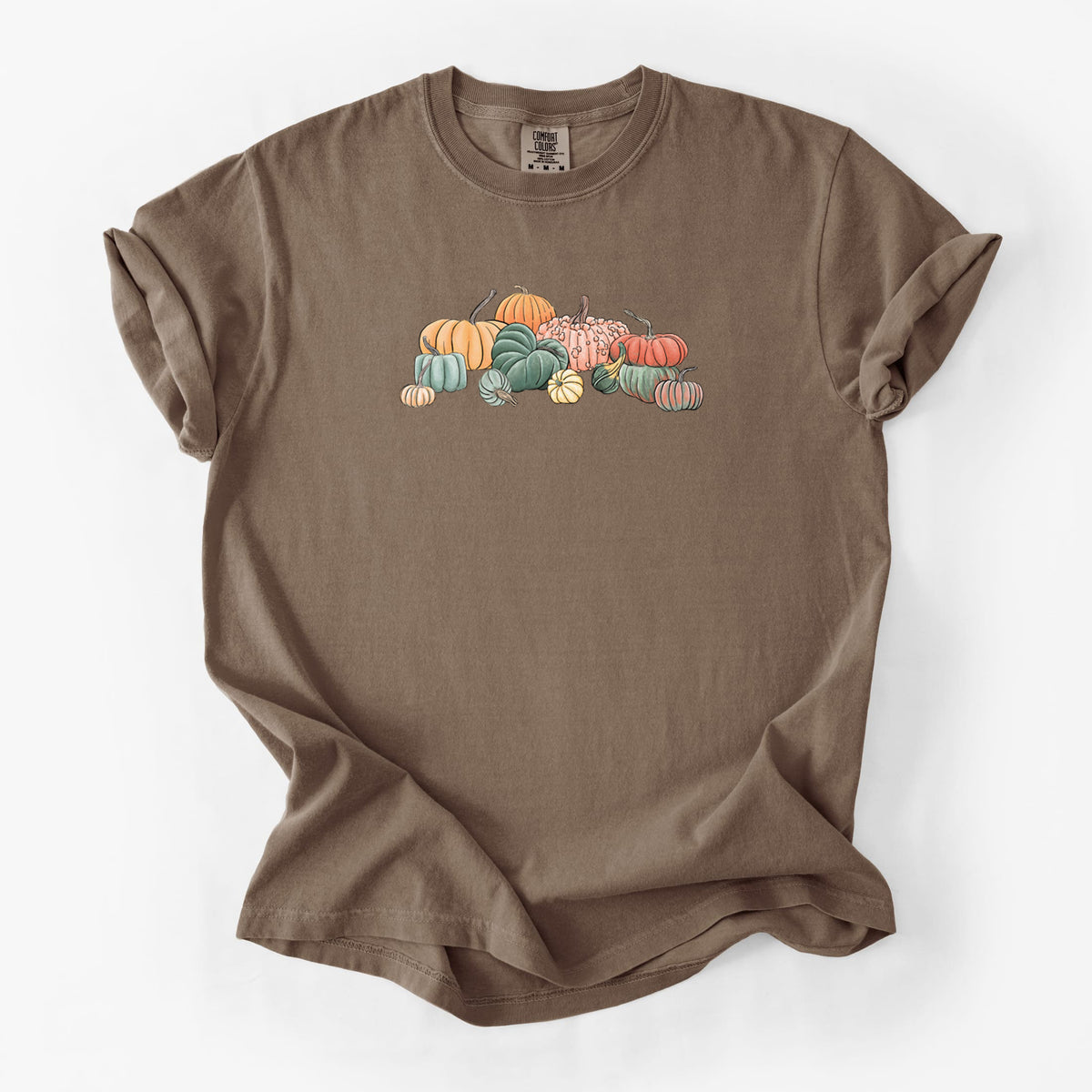 Espresso brown Comfort Colors t-shirt laid flat, printed with a full-color illustration of a pile of pumpkins and gourds in orange, green and white.