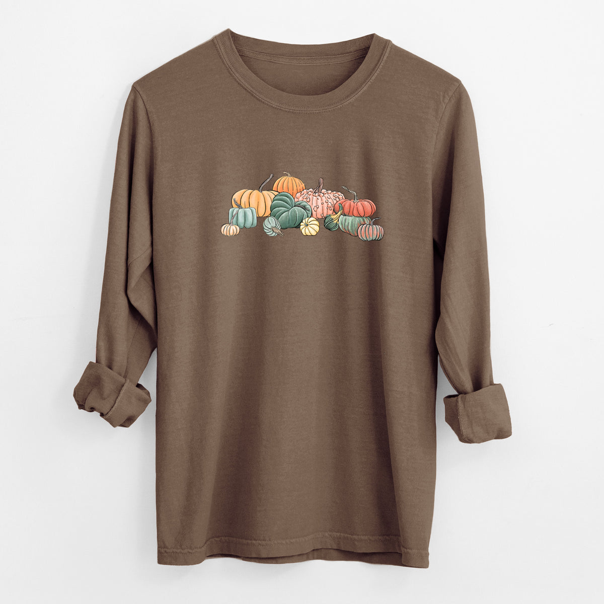 Espresso brown Comfort Colors long sleeve shirt laid flat with the cuffs rolled, printed with a full-color illustration of a pile of pumpkins and gourds in orange, green and white.