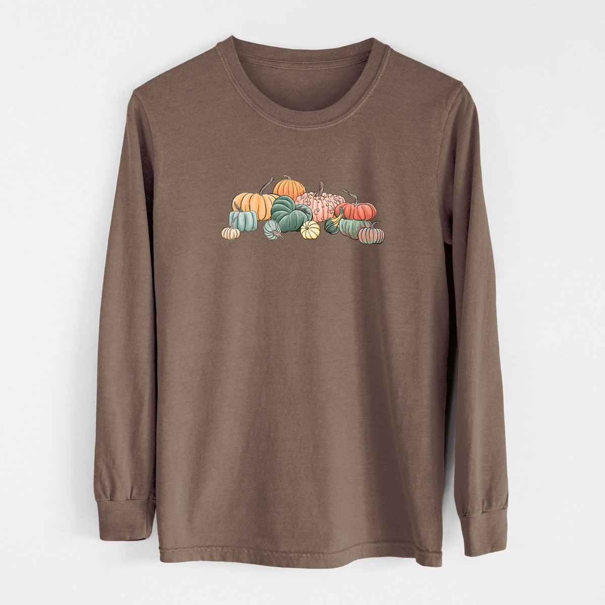 Espresso brown Comfort Colors long sleeve shirt laid flat, printed with a full-color illustration of a pile of pumpkins and gourds in orange, green and white.