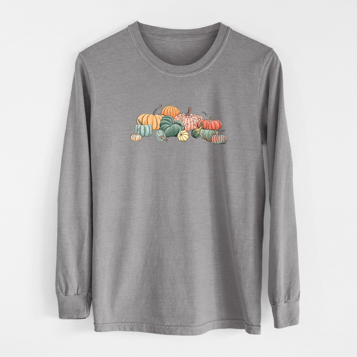 Grey Comfort Colors long sleeve shirt laid flat, printed with a full-color illustration of a pile of pumpkins and gourds in orange, green and white.