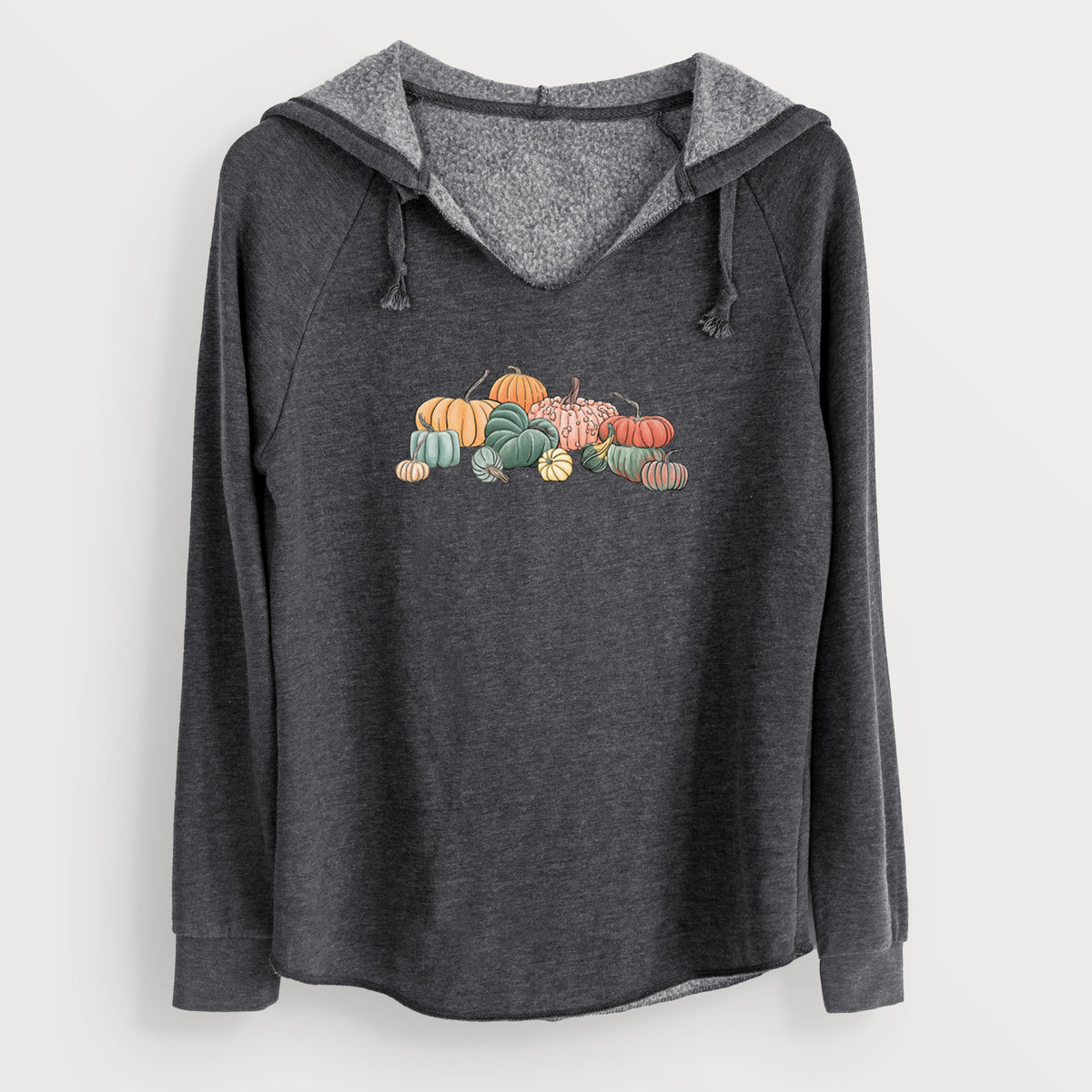 Charcoal grey women's Cali Wave hooded sweatshirt laid flat, printed with a full-color illustration of a pile of pumpkins and gourds in orange, green and white.