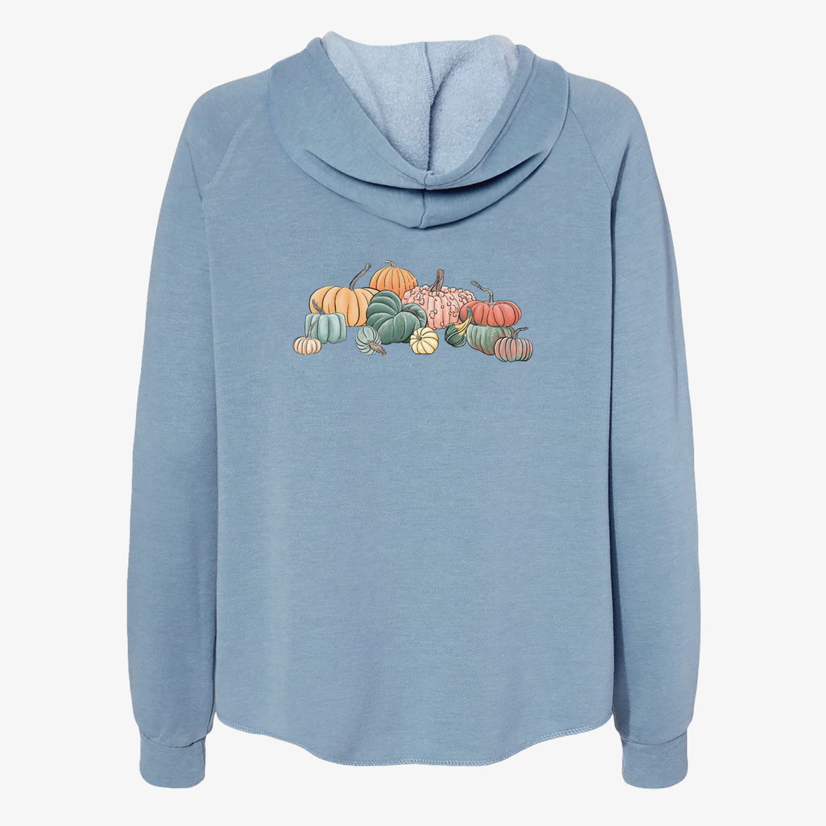 Misty blue women's Cali Wave zip-up sweatshirt laid flat, printed with a full-color illustration of a pile of pumpkins and gourds in orange, green and white.