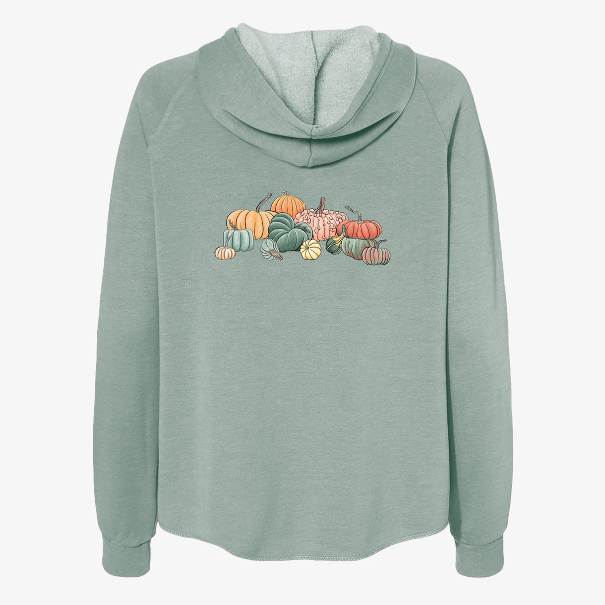 Sage green women's Cali Wave zip-up sweatshirt laid flat, printed with a full-color illustration of a pile of pumpkins and gourds in orange, green and white.