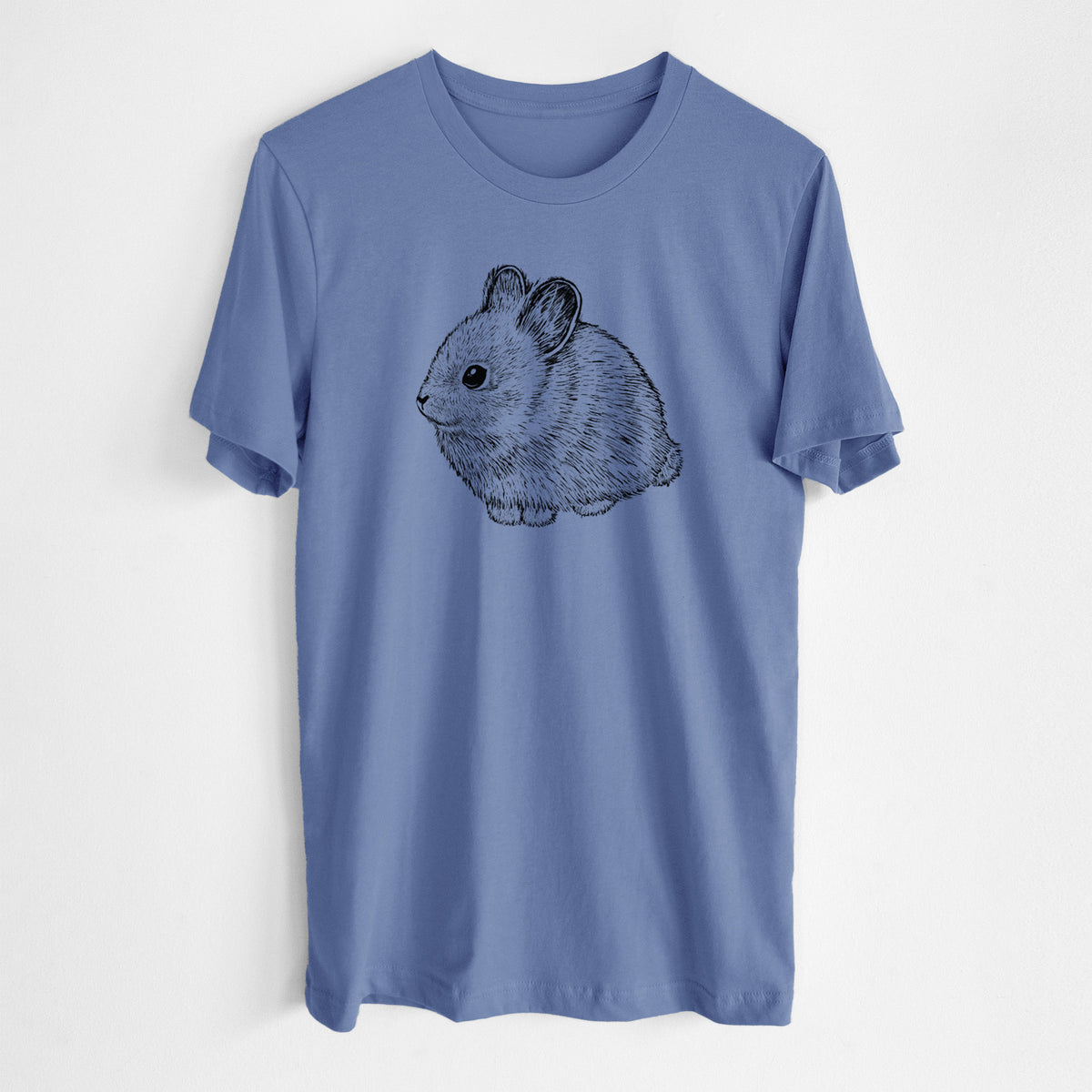 Blue bell lightweight cotton t-shirt laid flat, printed with a detailed black ink illustration of a round, fluffy pygmy rabbit.
