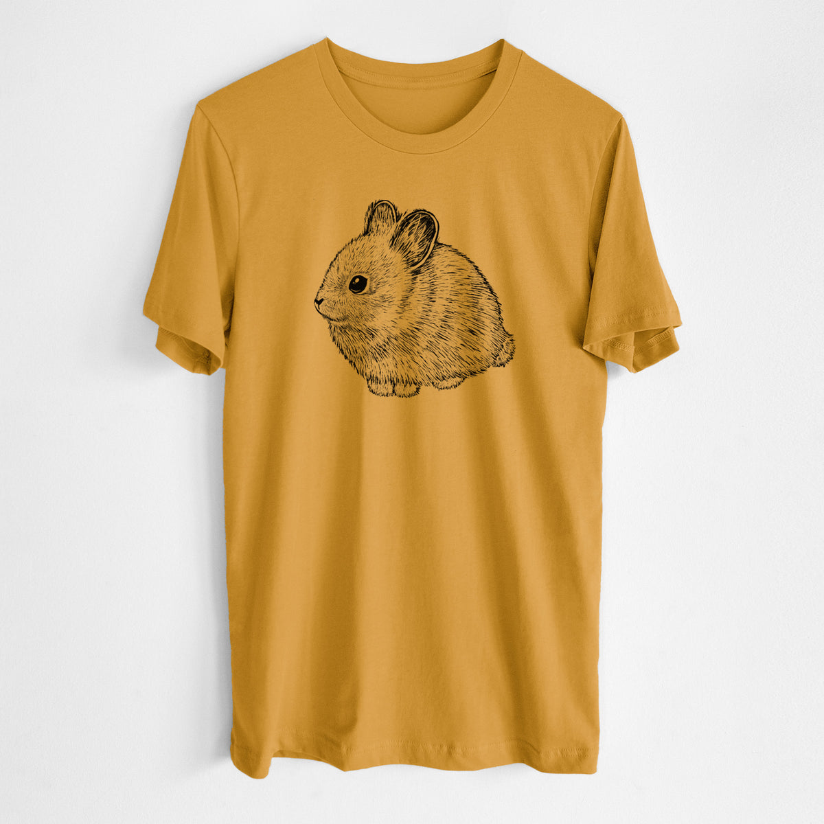 Honeycomb yellow lightweight cotton t-shirt laid flat, printed with a detailed black ink illustration of a round, fluffy pygmy rabbit.