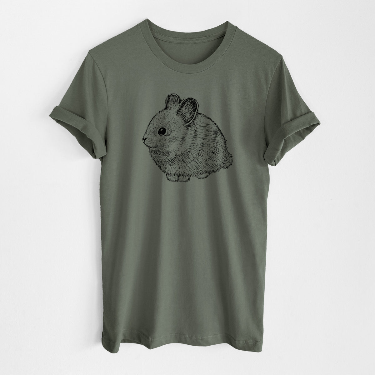 Military green lightweight cotton t-shirt laid flat, printed with a detailed black ink illustration of a round, fluffy pygmy rabbit.