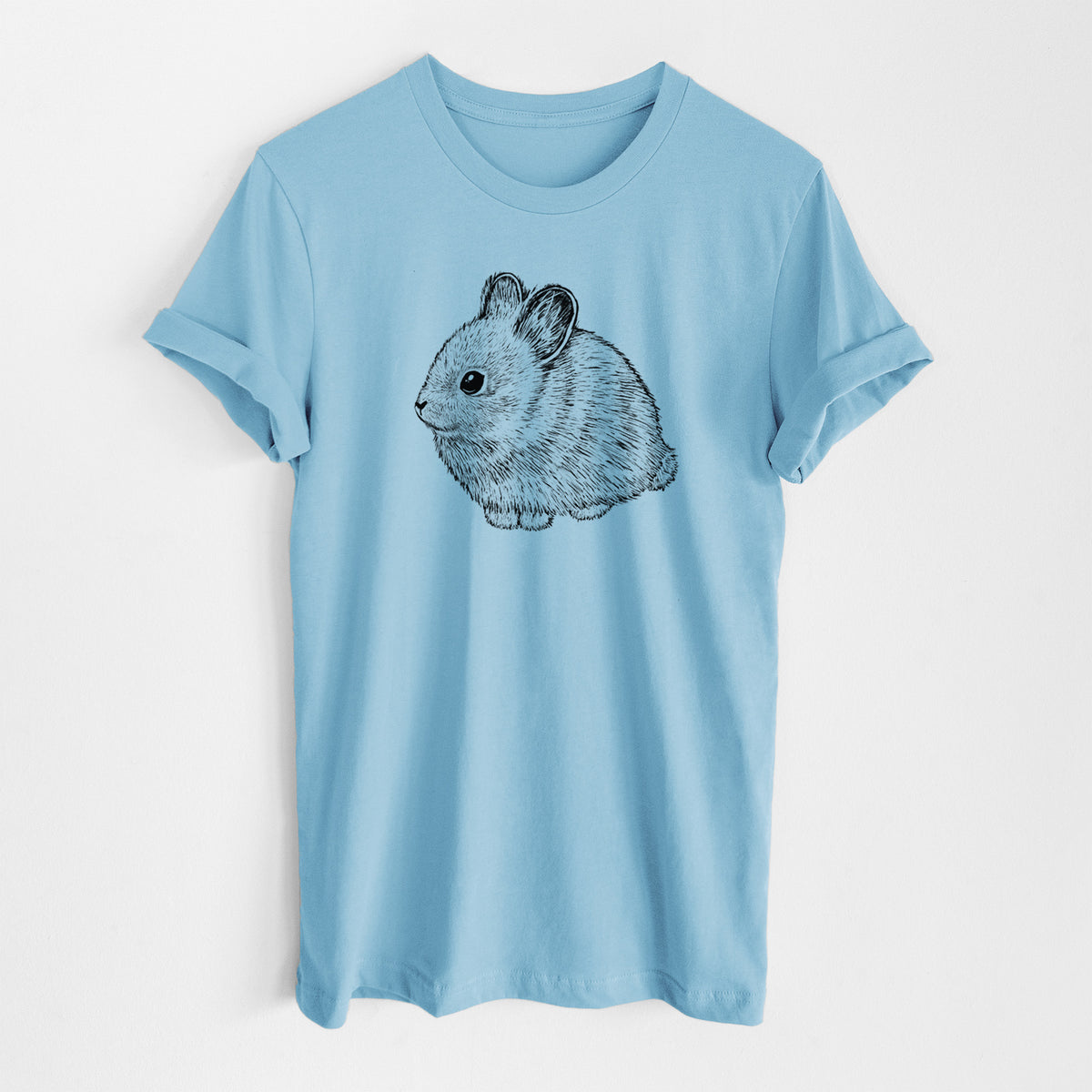 Ocean blue lightweight cotton t-shirt laid flat, printed with a detailed black ink illustration of a round, fluffy pygmy rabbit.