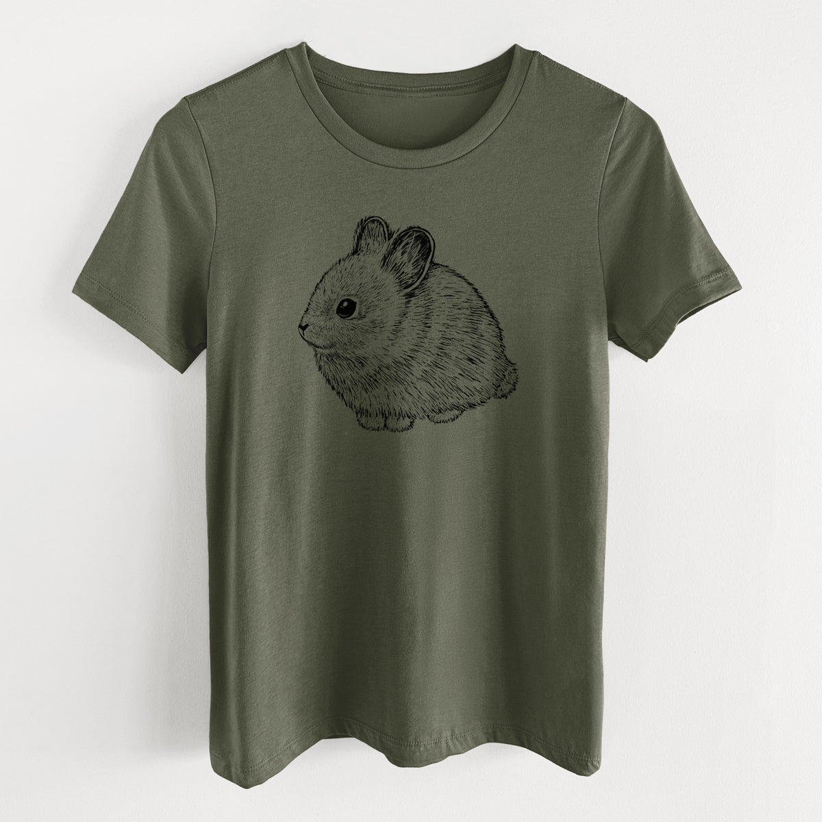 Military green women's relaxed fit cotton t-shirt laid flat, printed with a detailed black ink illustration of a round, fluffy pygmy rabbit.