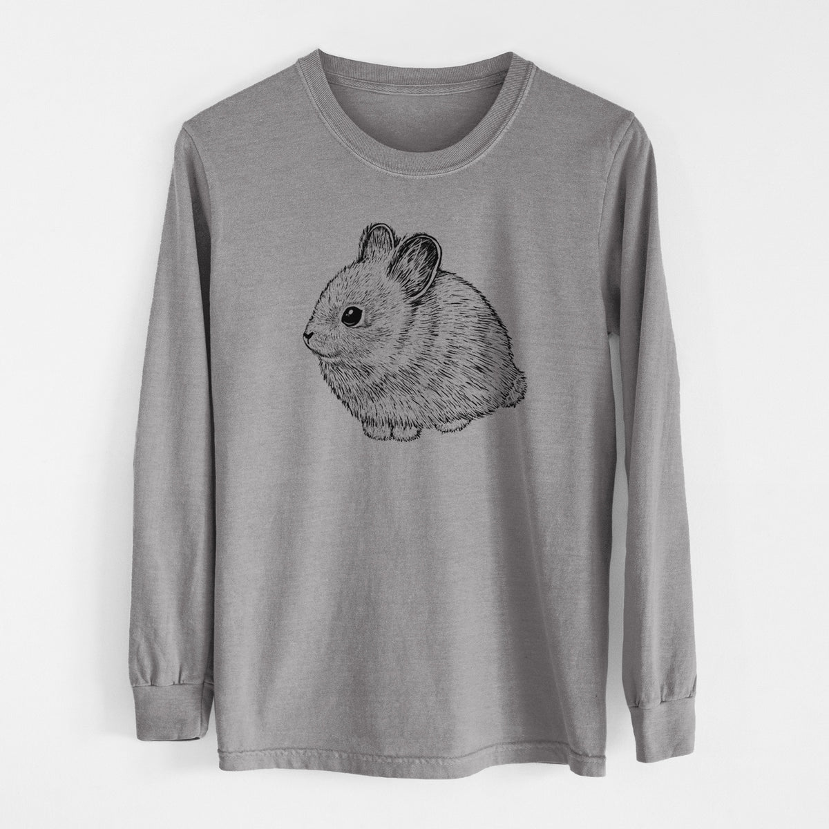 Grey Comfort Colors long sleeve shirt laid flat, printed with a detailed black ink illustration of a round, fluffy pygmy rabbit.