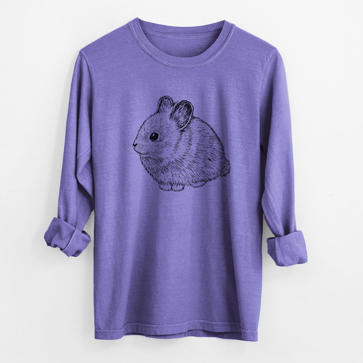 Violet purple Comfort Colors long sleeve shirt laid flat with the cuffs rolled, printed with a detailed black ink illustration of a round, fluffy pygmy rabbit.