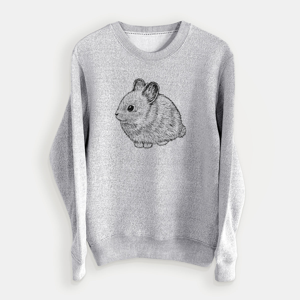 Salt and pepper knit sweatshirt laid flat, printed with a detailed black ink illustration of a round, fluffy pygmy rabbit.