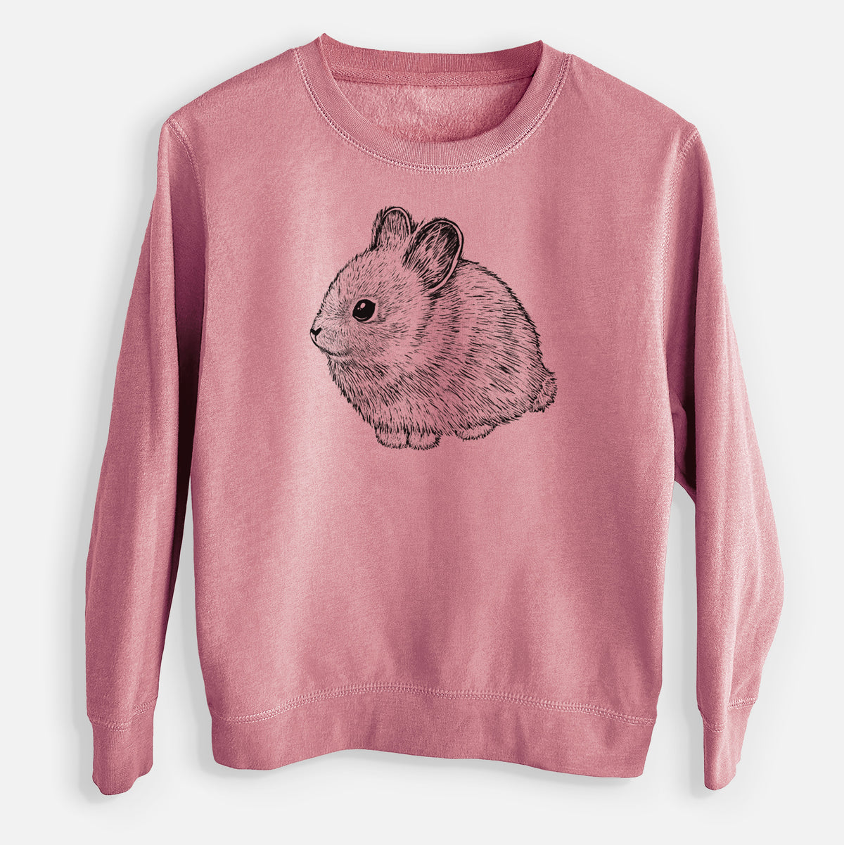 Mauve pink youth crewneck sweatshirt laid flat, printed with a detailed black ink illustration of a round, fluffy pygmy rabbit.