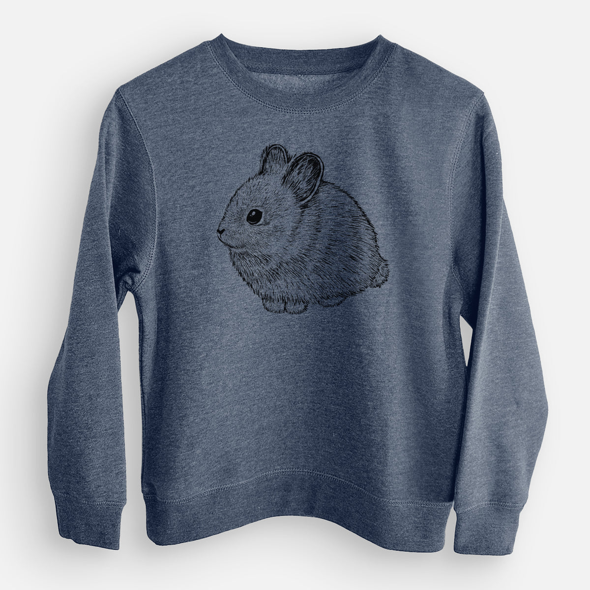 Storm blue youth crewneck sweatshirt laid flat, printed with a detailed black ink illustration of a round, fluffy pygmy rabbit.