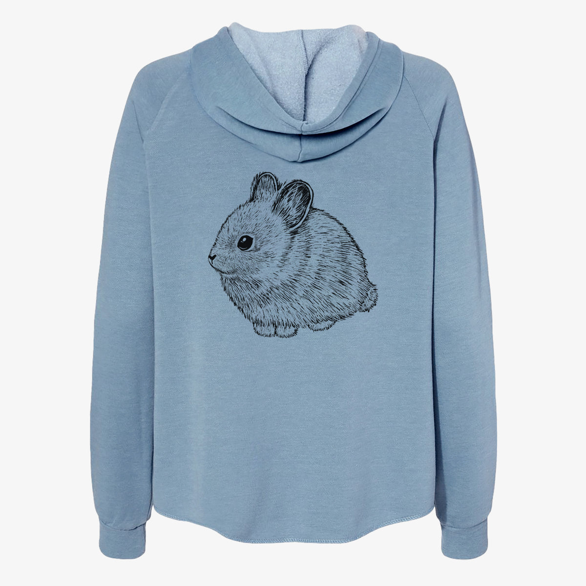Misty blue women's Cali Wave zip-up sweatshirt laid flat, printed with a detailed black ink illustration of a round, fluffy pygmy rabbit.