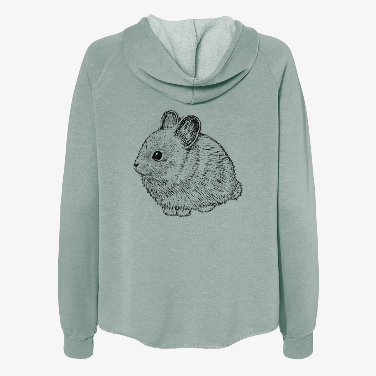Sage green women's Cali Wave zip-up sweatshirt laid flat, printed with a detailed black ink illustration of a round, fluffy pygmy rabbit.