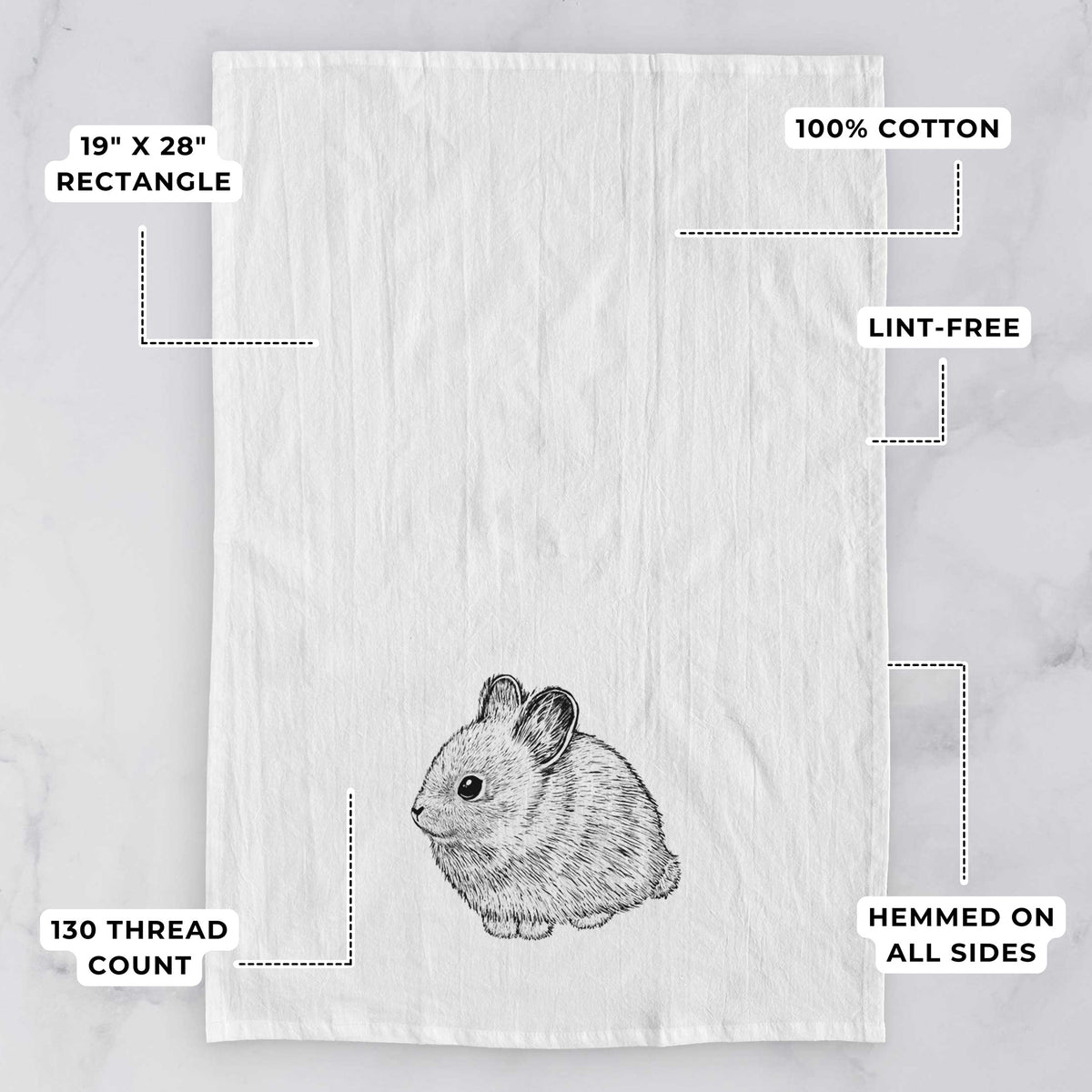 White tea towel printed with a detailed black ink illustration of a round, fluffy pygmy rabbit, with feature labels: 19 by 28 inch rectangle, 100% cotton, lint-free, 130 thread count, hemmed on all sides.