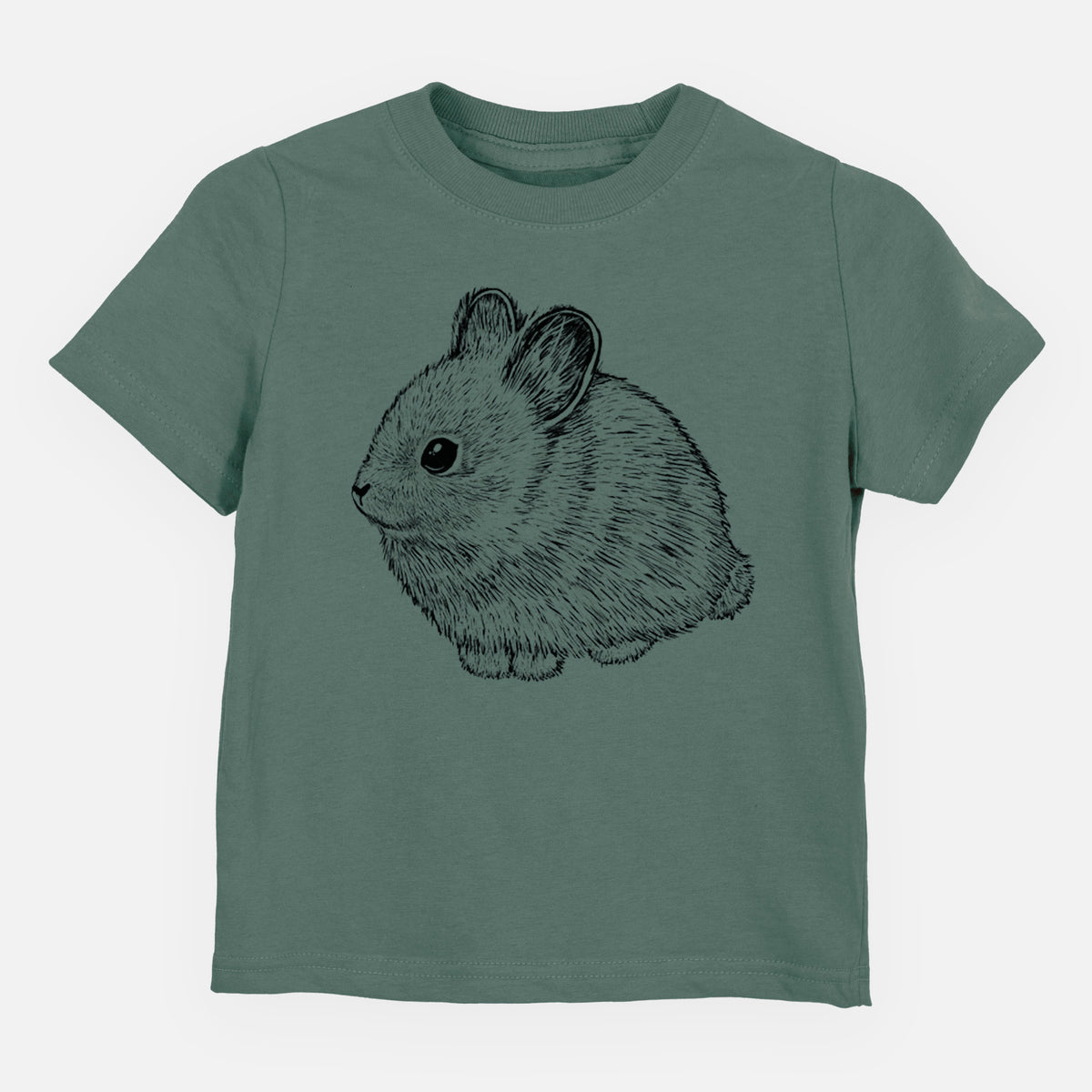 Basil green toddler t-shirt laid flat, printed with a detailed black ink illustration of a round, fluffy pygmy rabbit.