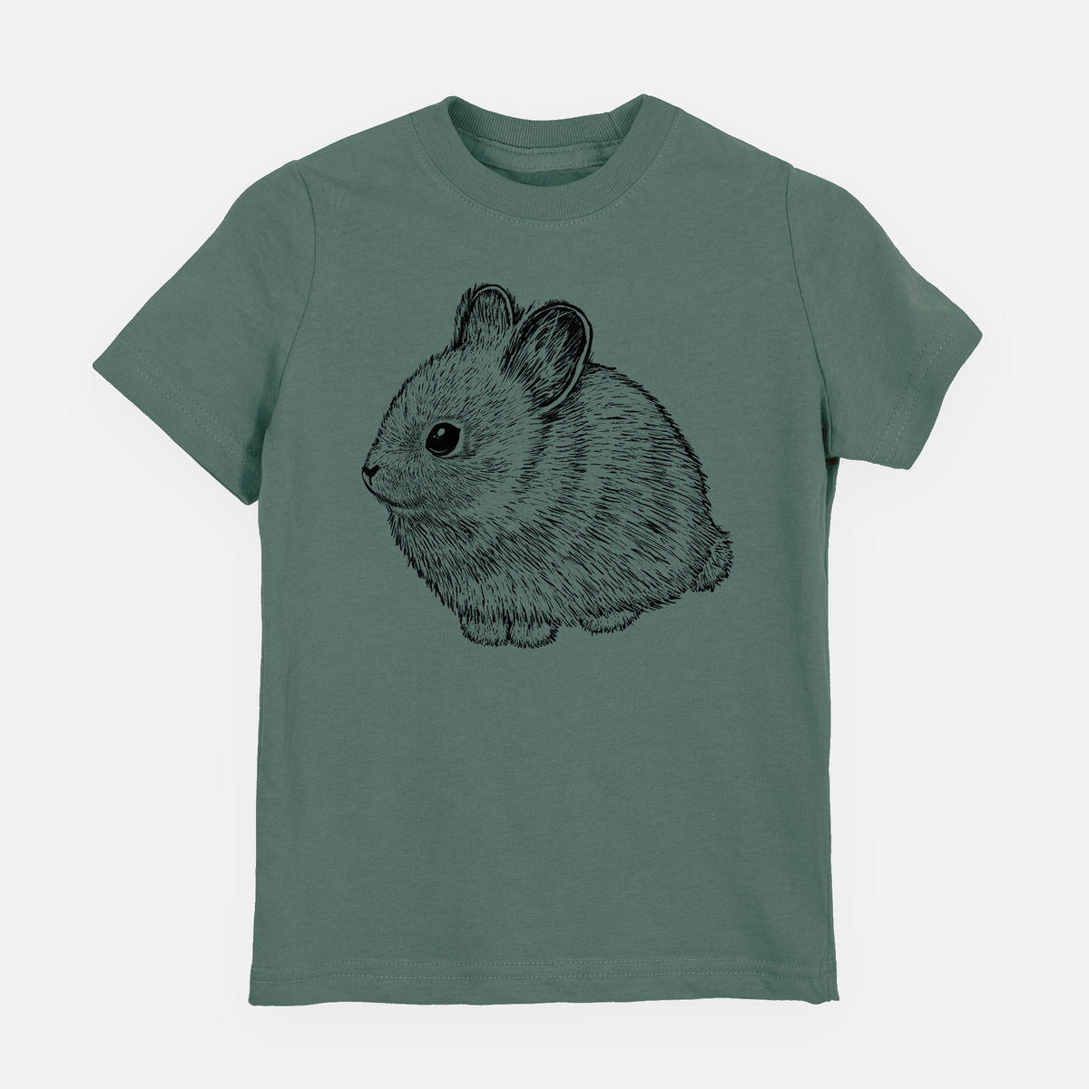 Basil green youth t-shirt laid flat, printed with a detailed black ink illustration of a round, fluffy pygmy rabbit.