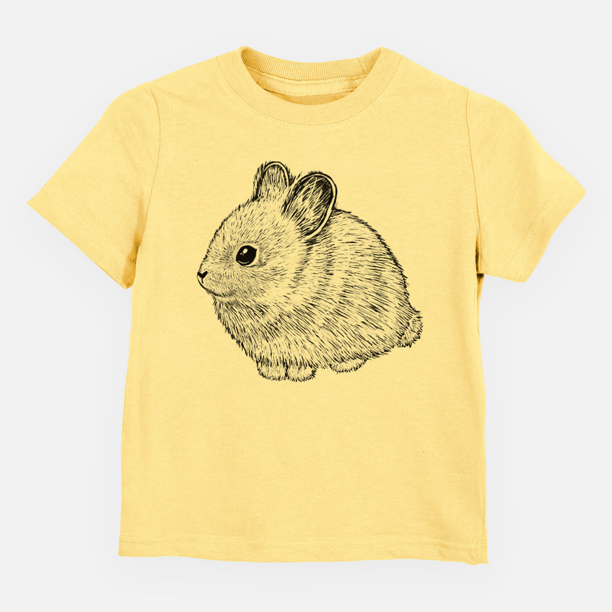 Butter yellow toddler t-shirt laid flat, printed with a detailed black ink illustration of a round, fluffy pygmy rabbit.