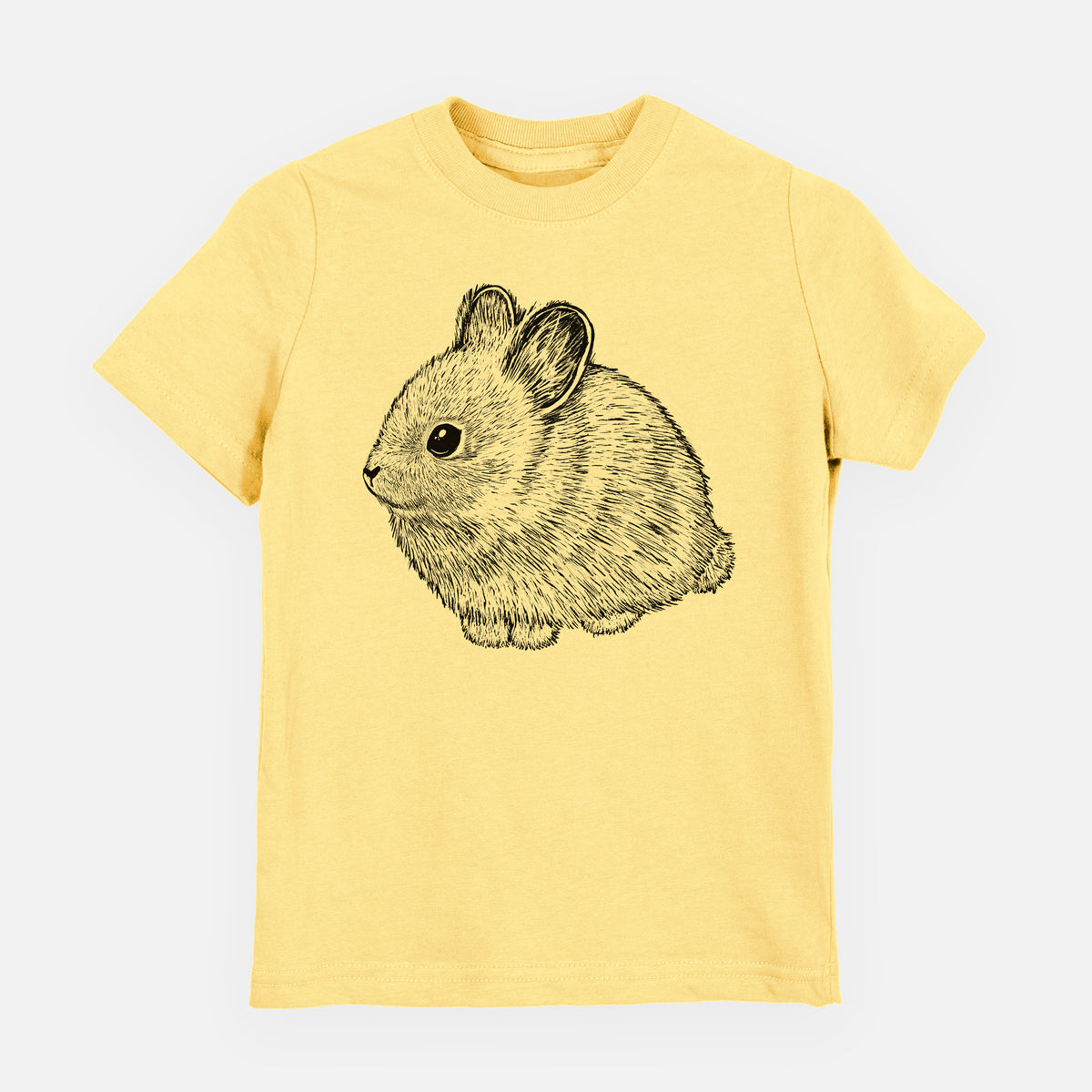 Butter yellow youth t-shirt laid flat, printed with a detailed black ink illustration of a round, fluffy pygmy rabbit.