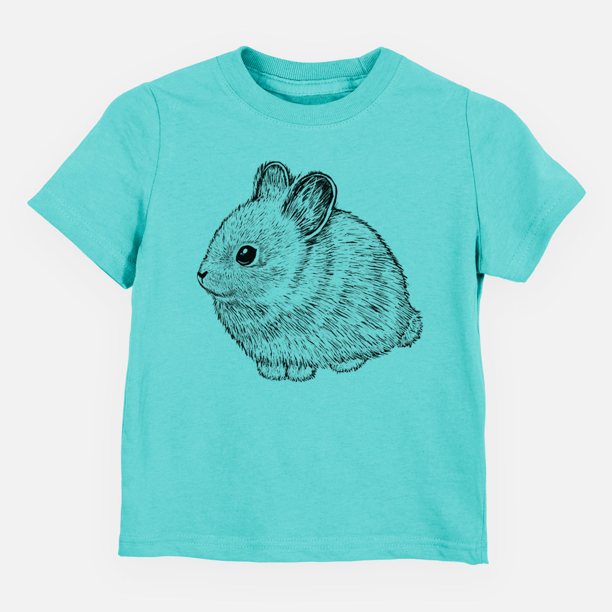 Caribbean blue toddler t-shirt laid flat, printed with a detailed black ink illustration of a round, fluffy pygmy rabbit.