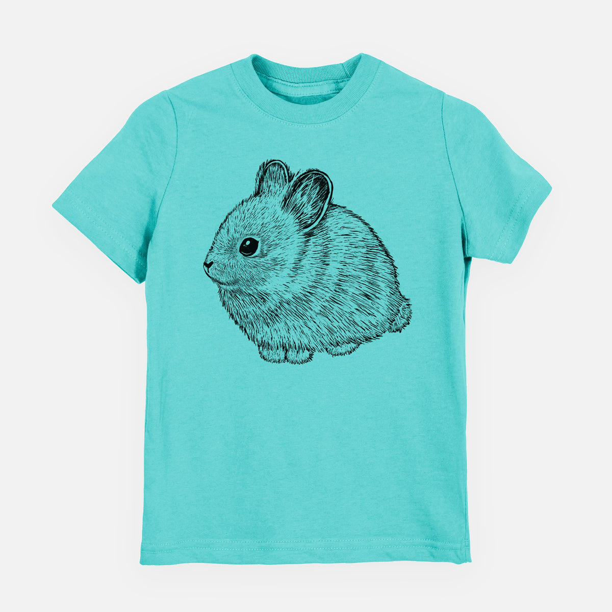 Caribbean blue youth t-shirt laid flat, printed with a detailed black ink illustration of a round, fluffy pygmy rabbit.