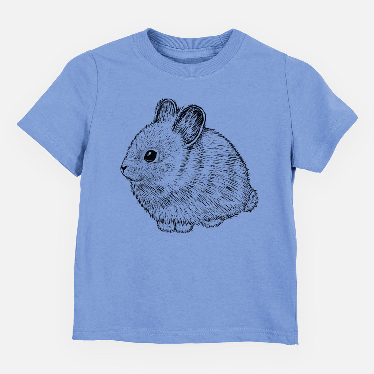 Carolina blue toddler t-shirt laid flat, printed with a detailed black ink illustration of a round, fluffy pygmy rabbit.