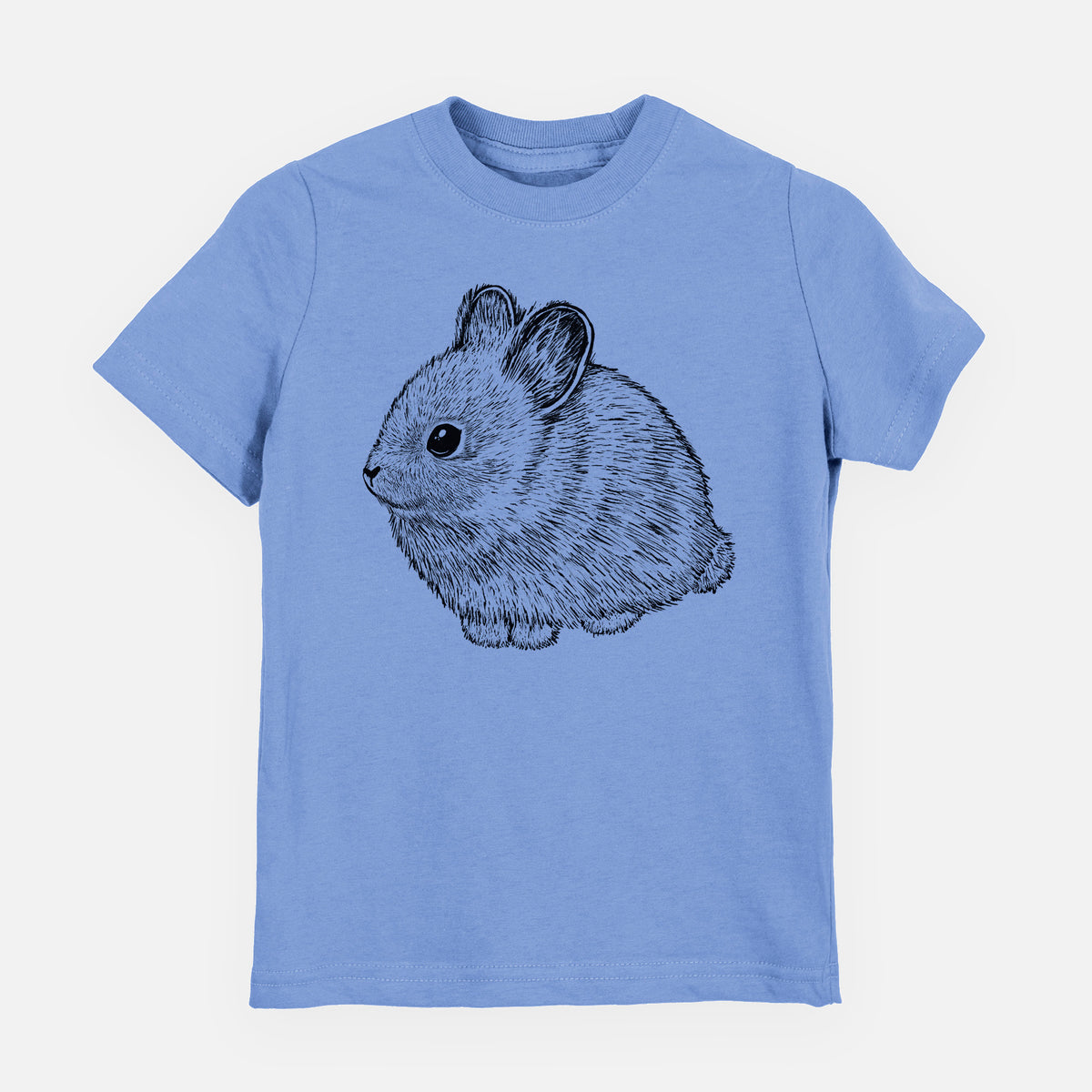 Carolina blue youth t-shirt laid flat, printed with a detailed black ink illustration of a round, fluffy pygmy rabbit.