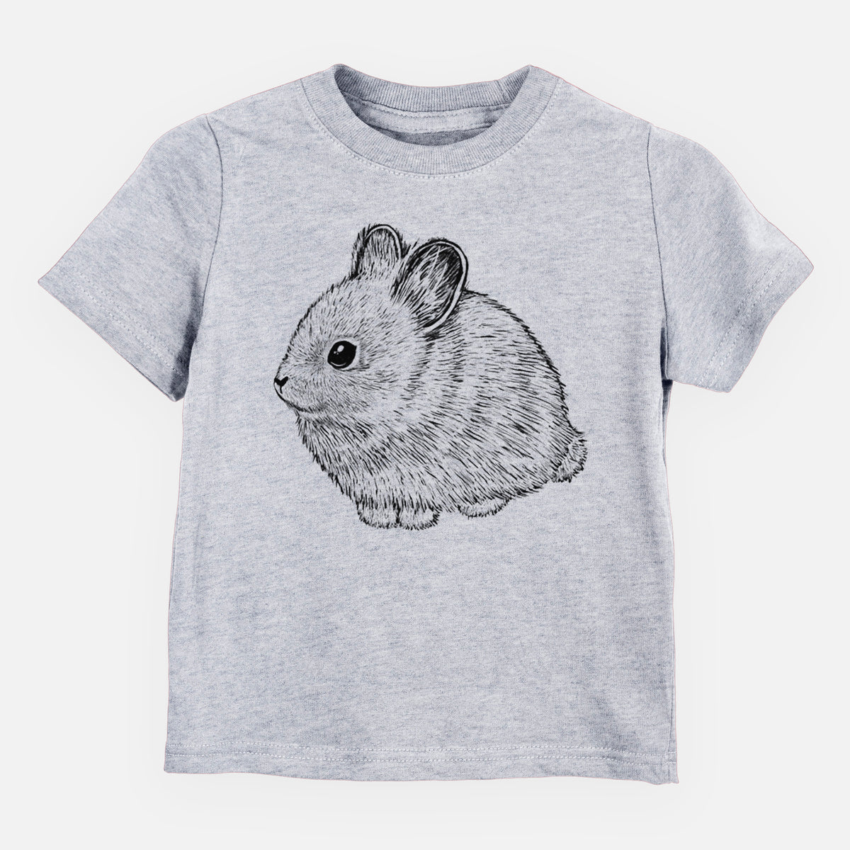 Heather grey toddler t-shirt laid flat, printed with a detailed black ink illustration of a round, fluffy pygmy rabbit.