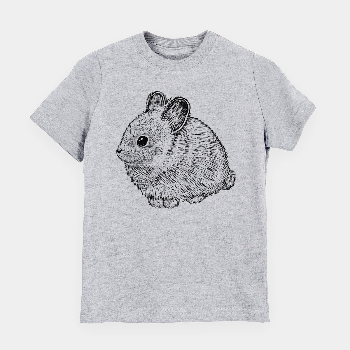Heather grey youth t-shirt laid flat, printed with a detailed black ink illustration of a round, fluffy pygmy rabbit.