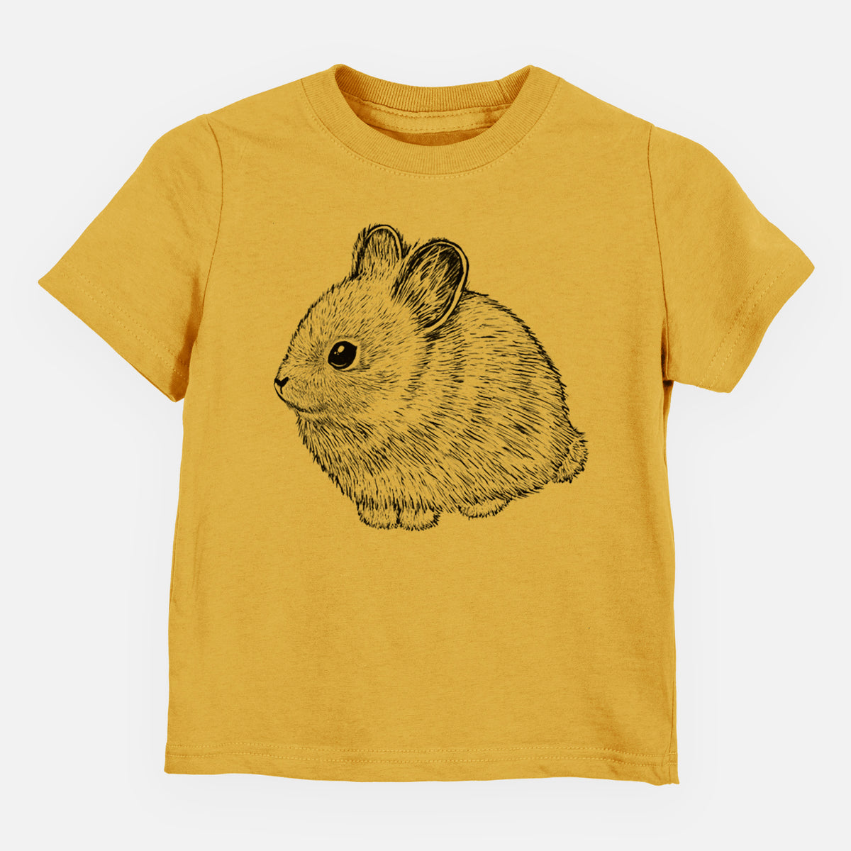 Honeycomb yellow toddler t-shirt laid flat, printed with a detailed black ink illustration of a round, fluffy pygmy rabbit.