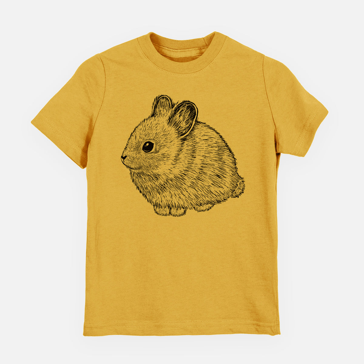 Honeycomb yellow youth t-shirt laid flat, printed with a detailed black ink illustration of a round, fluffy pygmy rabbit.