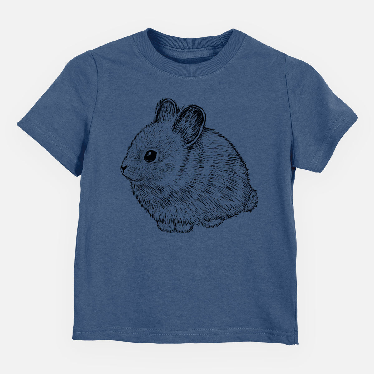 Indigo blue toddler t-shirt laid flat, printed with a detailed black ink illustration of a round, fluffy pygmy rabbit.