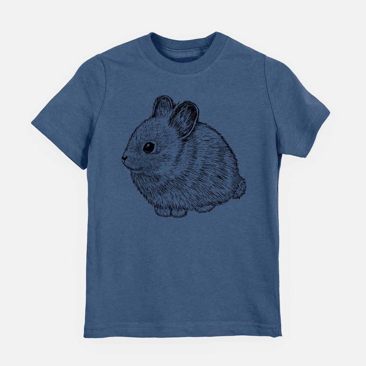 Indigo blue youth t-shirt laid flat, printed with a detailed black ink illustration of a round, fluffy pygmy rabbit.