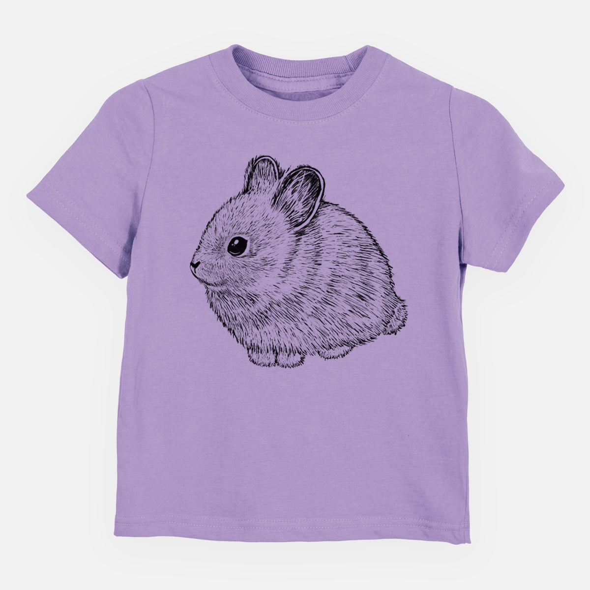 Lavender toddler t-shirt laid flat, printed with a detailed black ink illustration of a round, fluffy pygmy rabbit.