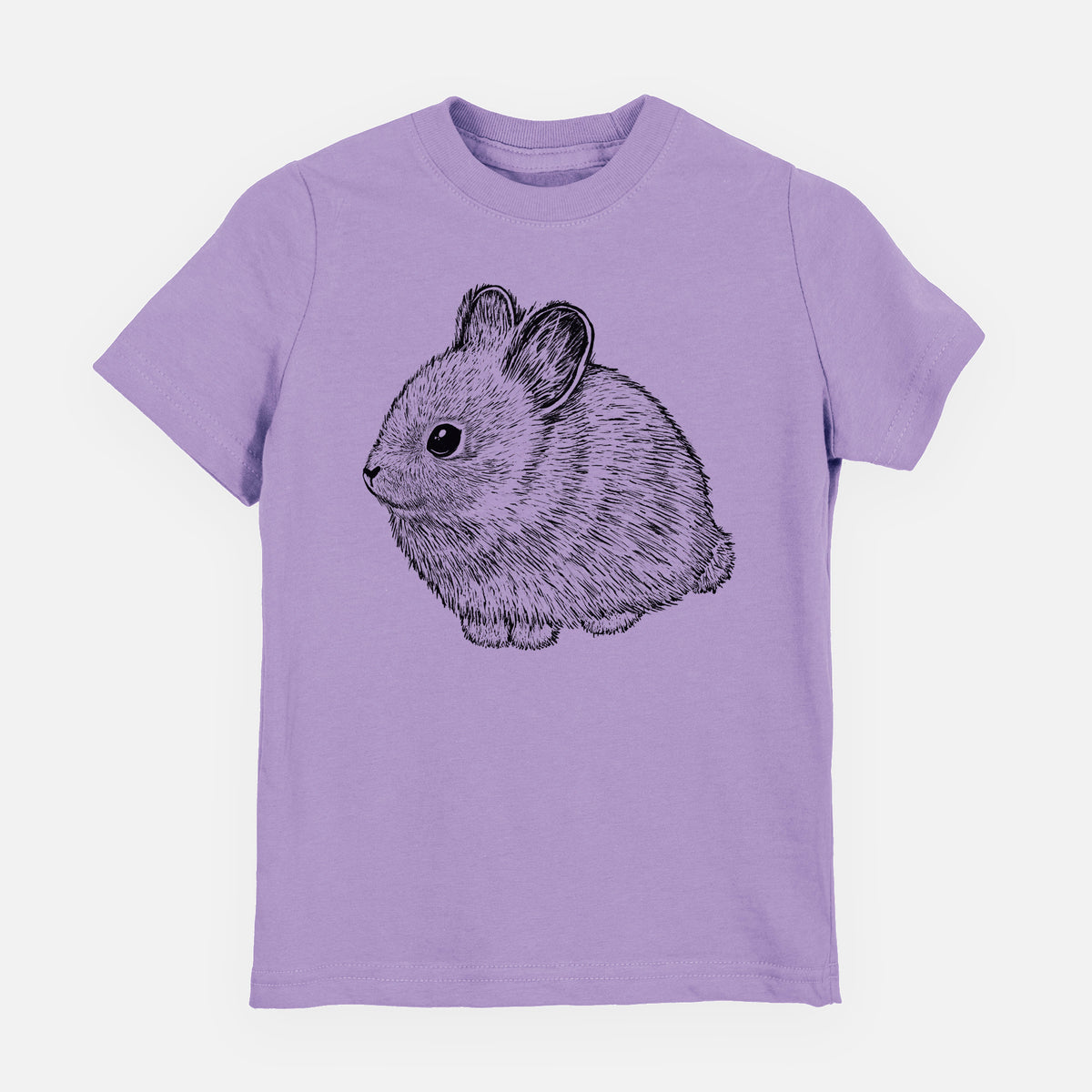 Lavender youth t-shirt laid flat, printed with a detailed black ink illustration of a round, fluffy pygmy rabbit.