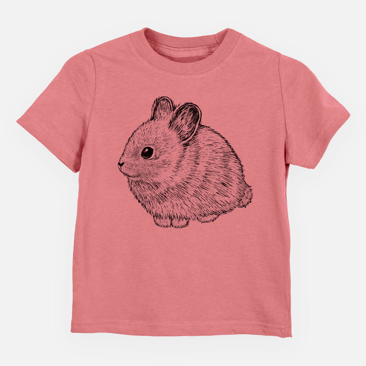 Mauve pink toddler t-shirt laid flat, printed with a detailed black ink illustration of a round, fluffy pygmy rabbit.