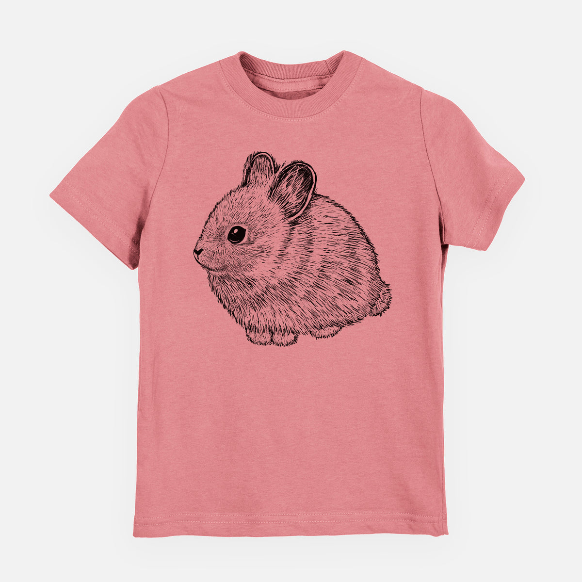 Mauve pink youth t-shirt laid flat, printed with a detailed black ink illustration of a round, fluffy pygmy rabbit.