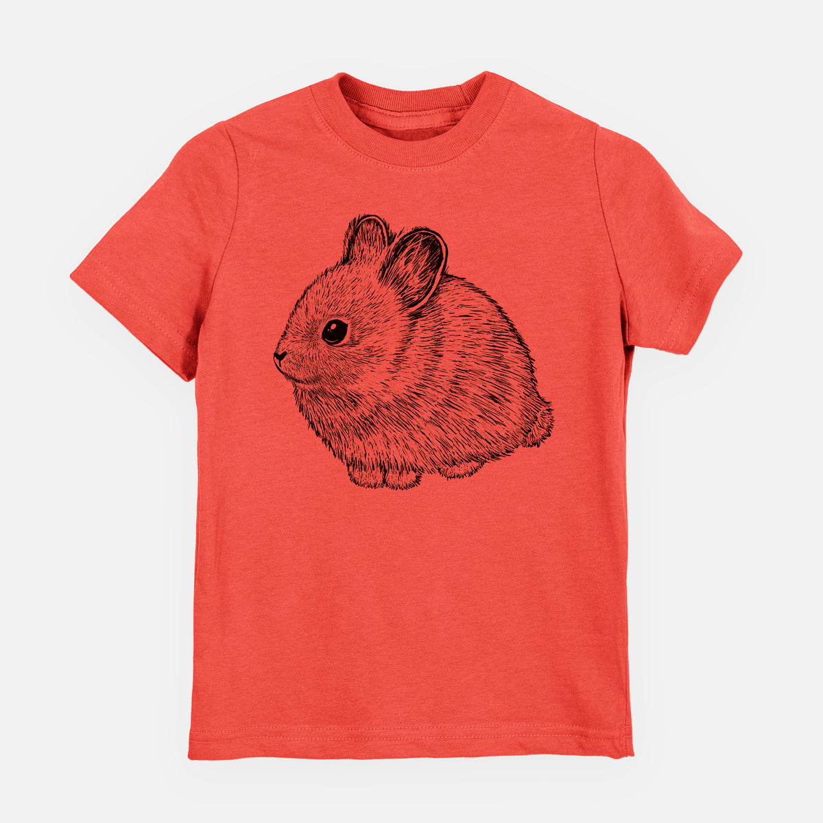 Passionfruit pink youth t-shirt laid flat, printed with a detailed black ink illustration of a round, fluffy pygmy rabbit.