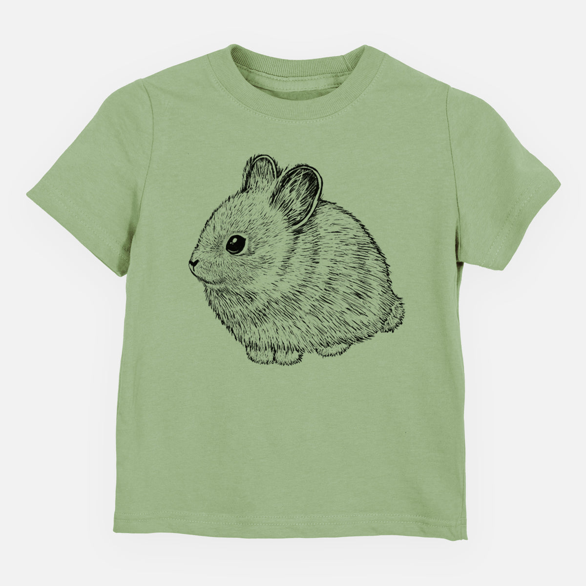Sage green toddler t-shirt laid flat, printed with a detailed black ink illustration of a round, fluffy pygmy rabbit.