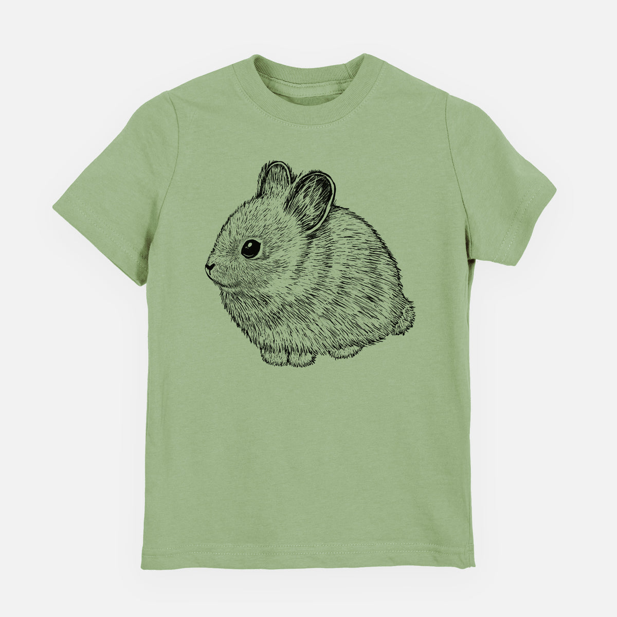 Sage green youth t-shirt laid flat, printed with a detailed black ink illustration of a round, fluffy pygmy rabbit.