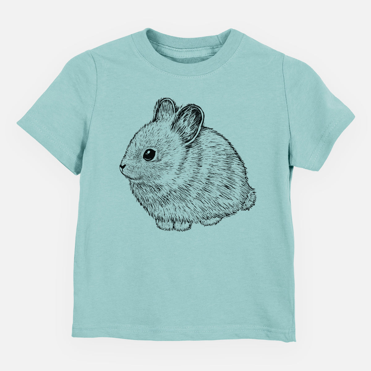Saltwater toddler t-shirt laid flat, printed with a detailed black ink illustration of a round, fluffy pygmy rabbit.